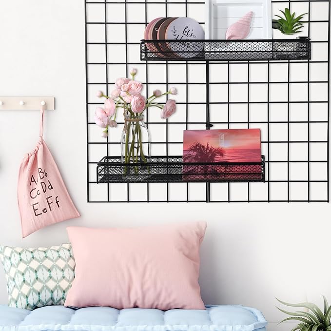 4 Pcs Metal Wire Mesh Basket for Gridwall Black Hanging Wire Mesh Basket with Hook Wall Mounted Organizer for Home Wall Displ