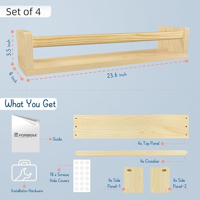 Forbena Natural Wood Nursery Bookshelves for Wall, 24 Inches Long Floating Book Shelves, Wall Mounted Bookcase for Baby Teen 