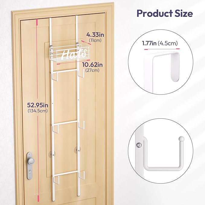 SWTYMIKI Over Door Hat Organizer - Wall Mounted Hat Rack with 6 Hooks and Metal Basket Design, Hanging Baseball Cap Organizer