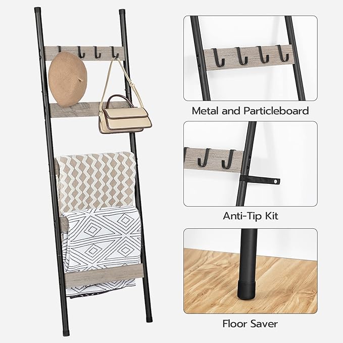 HOOBRO Blanket Ladder, 5-Tier Towel Rack with Hooks, Wall-Leaning Blanket Rack, Decorative Display Ladder Shelf, Scarves, Ind