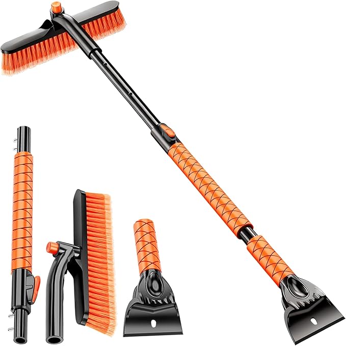 Extendable Snow Brush and Ice Scraper for Car, 30"-35"-39" Adjustable Long Handle & 4.3" Ice Chipper, 360° Pivoting Brush Head & Comfortable Antiskid Grip