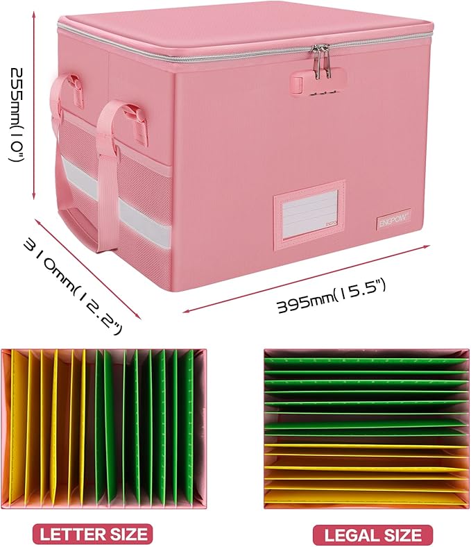 ENGPOW File Box with Lock, Fireproof Document Box with Pockets, Collapsible File Organizer Filing Storage Cabinet with Handle