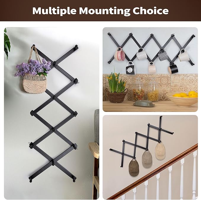 SCUNDA Wall Rack with 14 Hooks, Wooden Wall Expandable Coat Rack for Coat, Hats, Baseball Caps, Coffee Mug, Jewelry(Black)