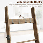 5-Tier Bamboo Ladder Shelf, Farmhouse Style Blanket Ladder, Rustic Decorative Ladder with 4 Removable Hooks, Brown