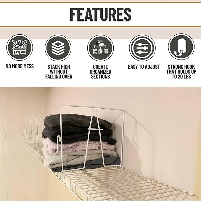 Evelots Wire Shelf Dividers - Extra Closet Organization and Storage for Home or Office -10 Pack- New Removable Hooks - Tall S