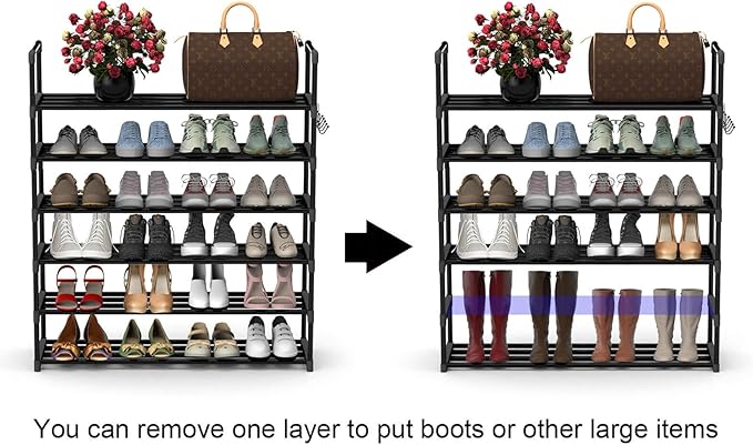 Hsscblet 6 Tiers Metal Shoe Rack,Adjustable Shoe Shelf Storage Organizer with Hooks,Stackable Boot & Shoe Storage,for Entrywa