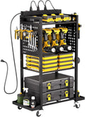 VEVOR 4-Tier Tool Organizer Cart with Charging Station, 8 AC Outlet, Floor Stand Rolling Drill Holder and Tool Battery Storag