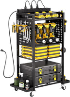 VEVOR 4-Tier Tool Organizer Cart with Charging Station, 8 AC Outlet, Floor Stand Rolling Drill Holder and Tool Battery Storag