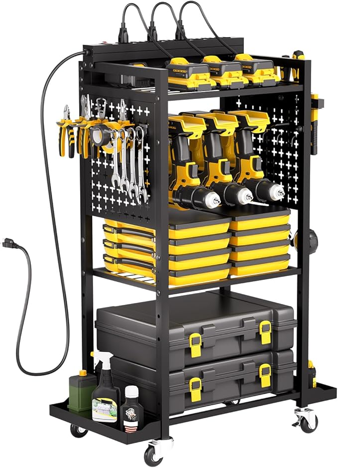 VEVOR 4-Tier Tool Organizer Cart with Charging Station, 8 AC Outlet, Floor Stand Rolling Drill Holder and Tool Battery Storag