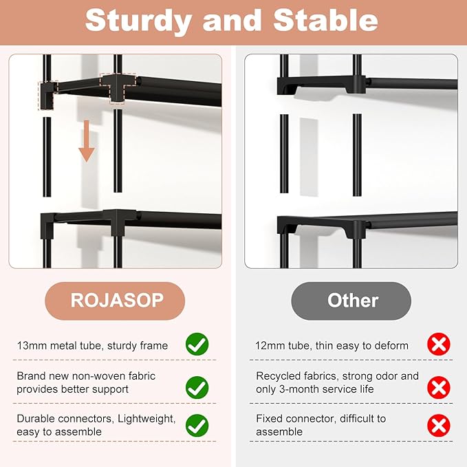 ROJASOP 10 Tier Shoe Rack with Covers,Large Capacity Stackable Tall Shoe Shelf Storage to 50-55 Pairs Shoes and Boots Sturdy 