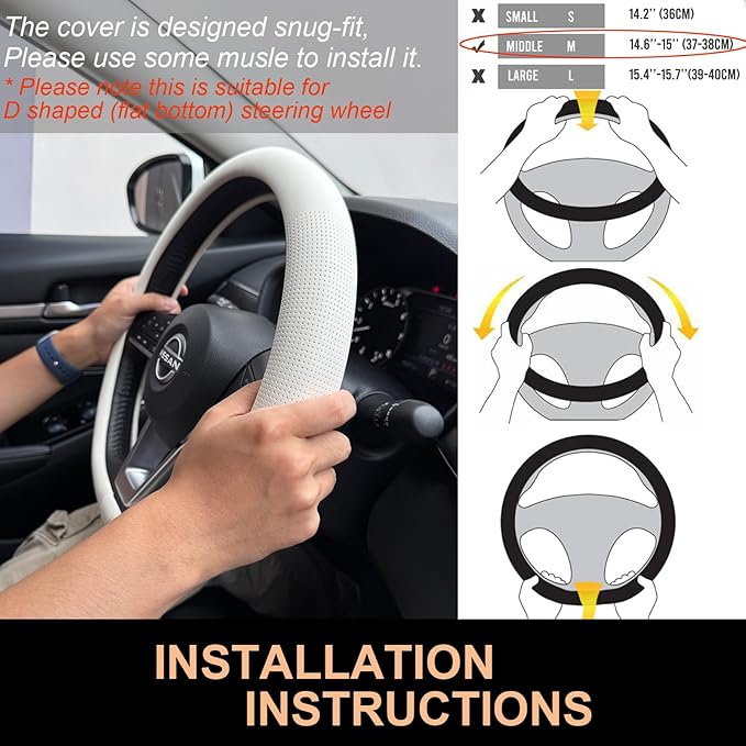 PINCTROT D Shaped Nappa Leather Steering Wheel Cover, Slim Fit No Bulk Design, One Piece Leather with Breathable Perforation,