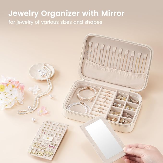 Lolalet Travel Jewelry Case for Women Girls, Travel Jewelry Organizer Box with Mirror & Clear Storage Bag, Small Portable Ear