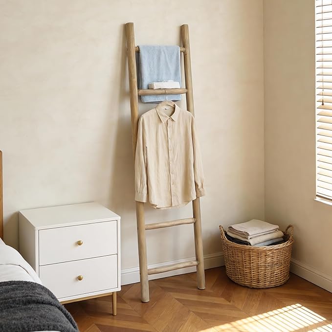 Wooden Blanket Ladder - 76in Natural & Motley Wood - Leaning Wall Decor for Bedroom, Bathroom, Living Room - Rustic Quilt Hol