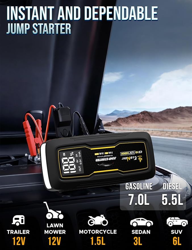 EcoNour Jump Starter | 1600A Peak | Portable Car Jump Starter | 12V Lithium Jump Box for 7L Gas and 5L Diesel Engines | Car Battery Jump Starter - LCD Display, Emergency Flashlight and Jumper Cables