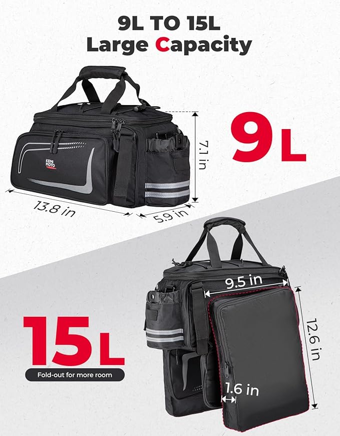 KEMIMOTO Bike Rear Rack Bag with Rain Cover, 15L Thickened Foldable Pockets Water Resistant Bicycle Bag, Bike Trunk Pannier for Commuter Cycling Trip Grocery Shopping, Black
