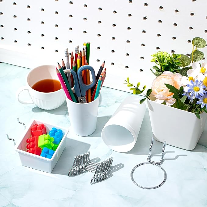Jinei 12 Pcs Pegboard Bins and Cups with Hooks and Loops Peg Assortment Organizer Accessories Various Tool Organizer Pegboard