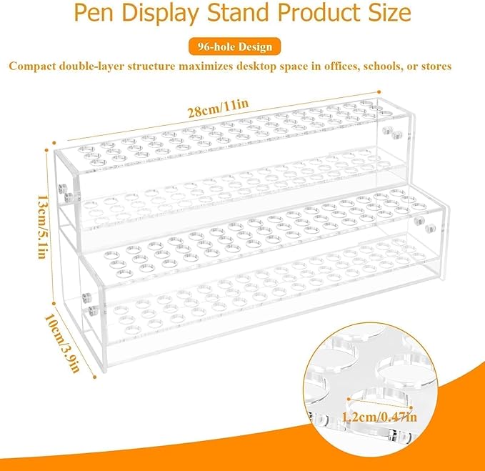 96-Slots Pen Display Stand,2-Tier Acrylic Pen Holder for Craft Shows,12mm Beadable Pens Stand Paint Brush Holder Pencil Organ
