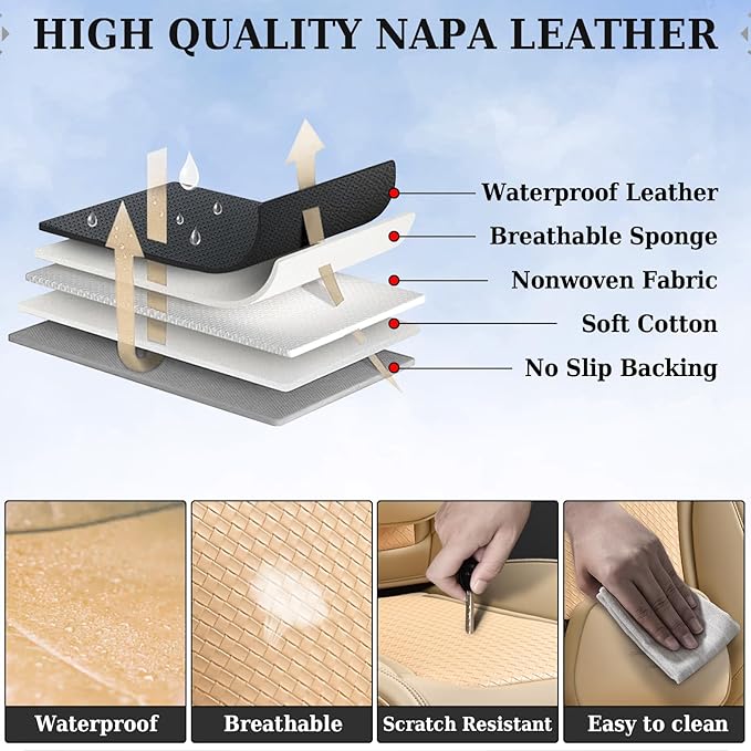 Coverado Seat Covers, Car Seat Covers Front Seats, Waterproof Nappa Leather Auto Seat Cover with Lumbar Head Pillow, Beige Se
