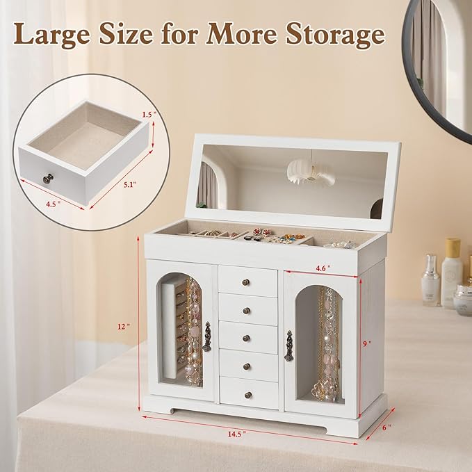 Miratino Jewelry Box for Women Girls, Wooden Jewelry Organizer Box with Mirror, 5 Layer Jewelry Storage Case Display for Neck