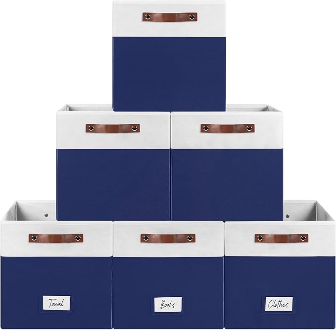 FinishingBo 6-Pack Storage Cubes with Handles & Label Holders Basket, Closet Cube Home Organizer Bins(White/Blue, 13 x 13 x 1