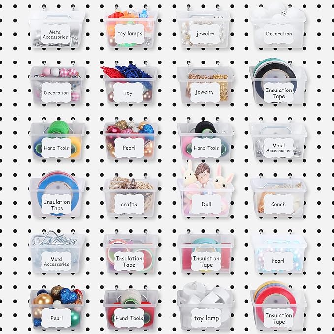 Unittype 24 Set Clear Peg Board Baskets and Bins Pegboard Baskets Organizer Accessories Peg Board Bins with Hooks Sticker Lab