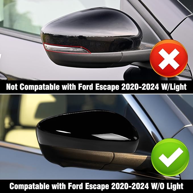 Compatible with Ford Escape SE/SEL Right Passenger Side Mirror Cap Cover 2020 2021 2022 2023 2024, Glossy Black Side Door Rearview Mirror Cover Replacement Without Turn Signal Light