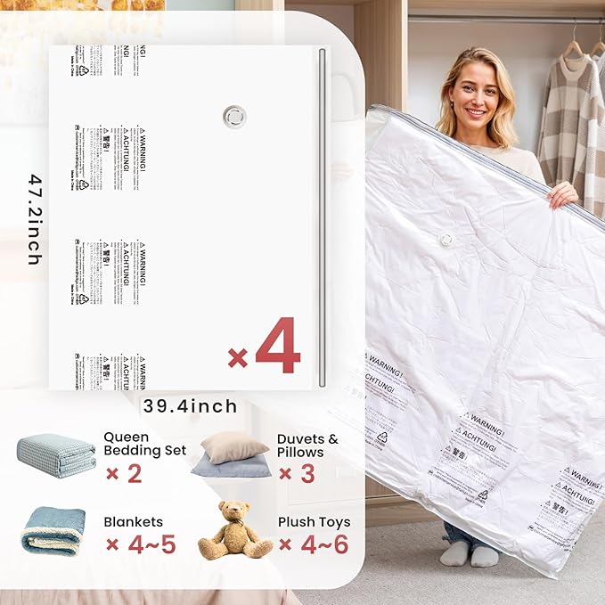TAILI 4 Pack Vacuum Storage Bags, XXL Jumbo (47x39 Inch), Vacuum Sealed Bags for Comforter and Blankets, Bedding, Clothing, G