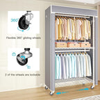 FUTASSI White Clothing Rack with Grey Cover, P1C Rolling Closet Rack with Wheels, Metal Garment Rack for Hanging Clothes, Clo
