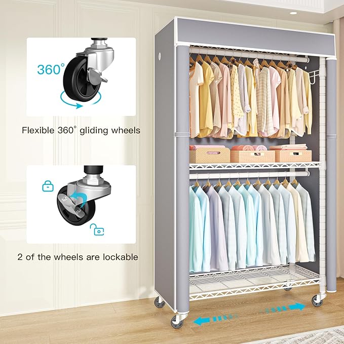FUTASSI White Clothing Rack with Grey Cover, P1C Rolling Closet Rack with Wheels, Metal Garment Rack for Hanging Clothes, Clo