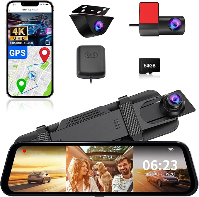 3 Channel Mirror Dash Camera, 4K/3K+2.5K/1080p+1080p Rear View Mirror Camera with GPS, APP Control, WDR Night Vision, G-Senso
