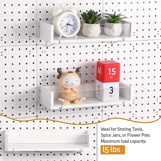 Marsui 2 Pcs Wooden Pegboard Shelf with Acrylic 12.2 x 3.94 Inch White Display Shelves Brackets with Metal Hooks Heavy Duty P
