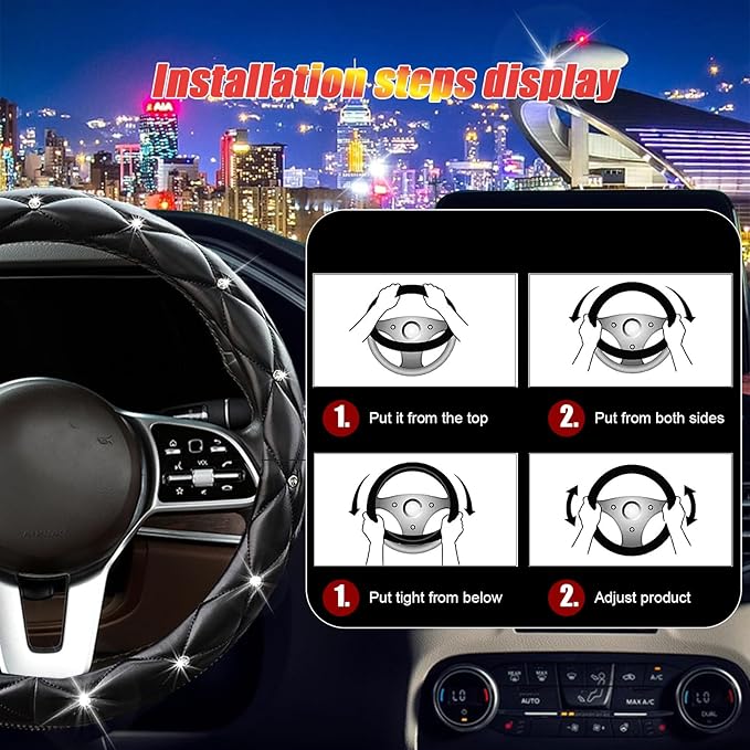 SuperKaKa Black Steering Wheel Cover 2026, Auto Cute Girly Diamond Bling Comfort Leather Car Interior Accessories Protector S