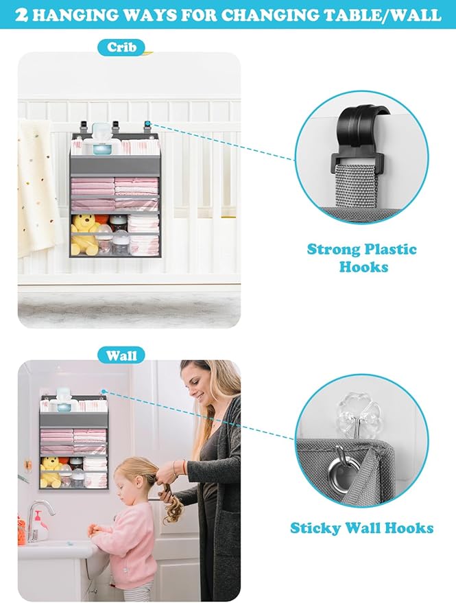 Hanging Diaper Caddy Organizer Crib Organizer–Spacious Baby Girl/Boy Nursery Storage Organizer for Changing Table, Playpen/Wa