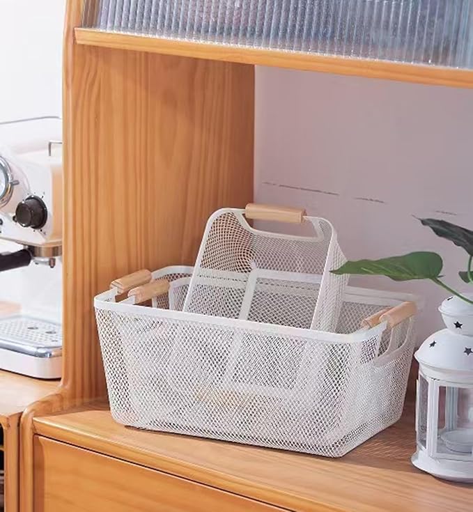 AJIODA Metal Mesh Steel Basket, Medium Wire Storage Organizer Basket Multi-function Hanging Kitchen Basket with Wood Handle f