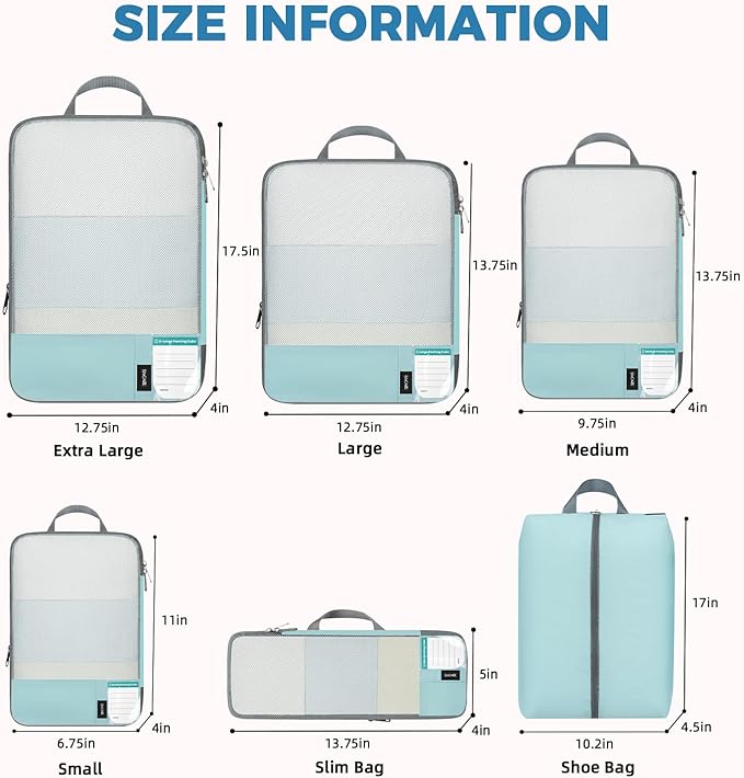 BAGAIL 6 Set Lightweight Compression Packing Cubes with Packing List, Anti-Tearing Expandable Organizer Bags for Travel, Dust