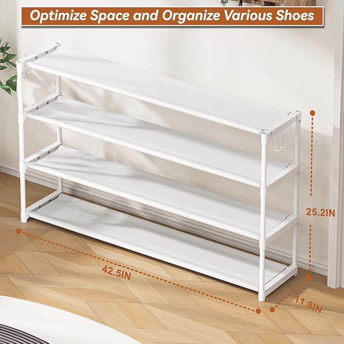LUKYTOWER Extra Long Shoe Rack 4 Tier Shoe Storage Organizer with 2 Hooks, Wide Stackable Shoe Organizer Racks for Closet Ent