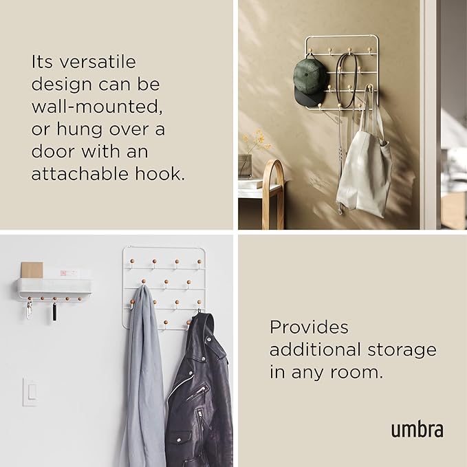 Umbra Estique Over The Door Coat Rack & Multi-Use Organizer, for Coats, Bags, Hats & More, White/Natural