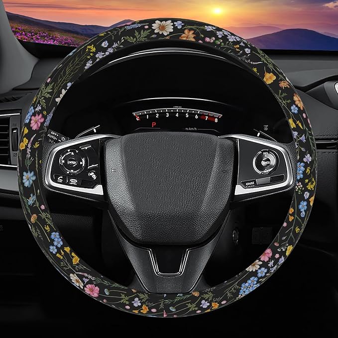 Wildflower Steering Wheel Cover, Flower Car Accessory for Diverse Cars, Steering Wheel Cover Non-Slip Breathable Fabric Absor