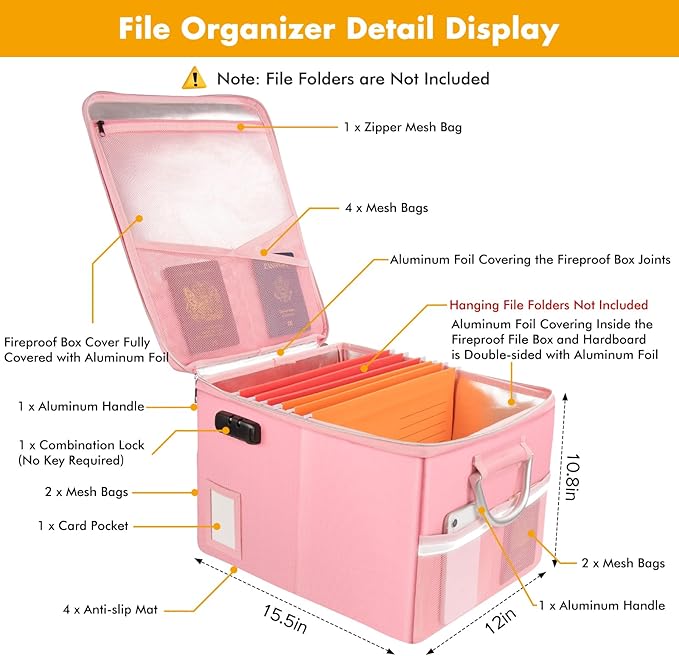 TOMKID 5200°F Fireproof Document Box, Fire Important Document Organizer with Lock, Upgraded Heat Insulated Filing Storage Cab