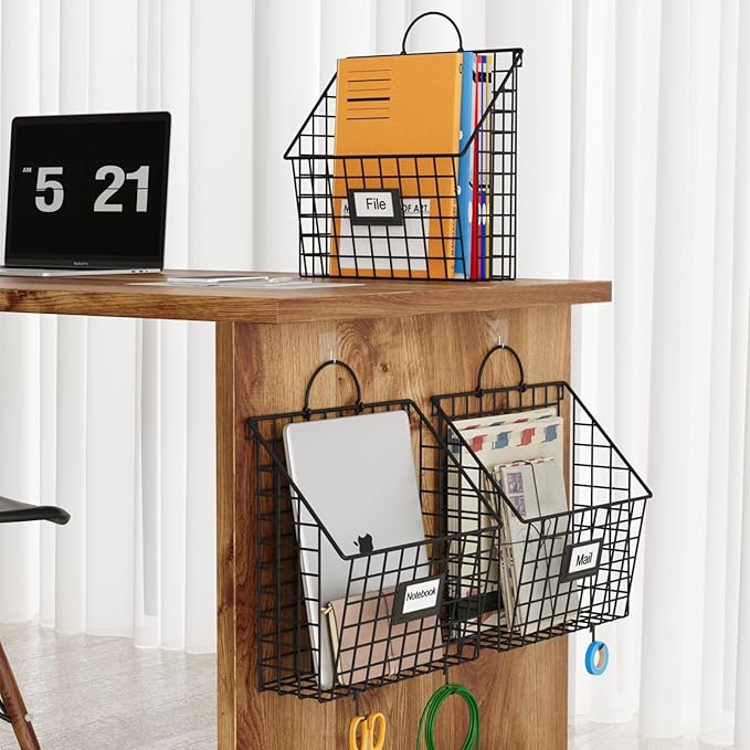 Yuzehuaza Hanging Wall File Organizer Metal Wall Mounted File Holder Folder with Handles and Hooks, Magazine Document Rack, f