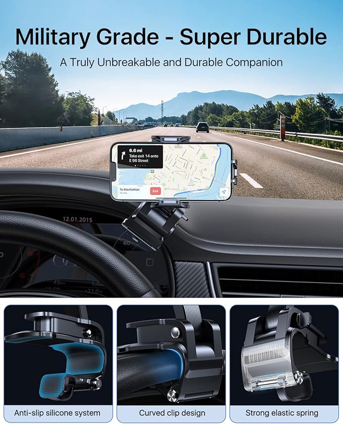 andobil Universal Car Phone Clip Holder [Military Sturdy, Firmly Grip & Never Slip] Ultra Stable Dashboard Cell Phone Mount for Car Dash Fits All iPhone 16 15 14 13 12 Pro Max Android Samsung GPS