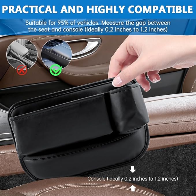 2Packs Car Seat Filler Organizer, Seat Gap Storage Box with Water Cup Holder & 4 Car-Seat Headrest Hooks, Universal fit for Most Car, for Phone, Keys, Wallet, Sunglasses and Bottles, Prevent Dropping