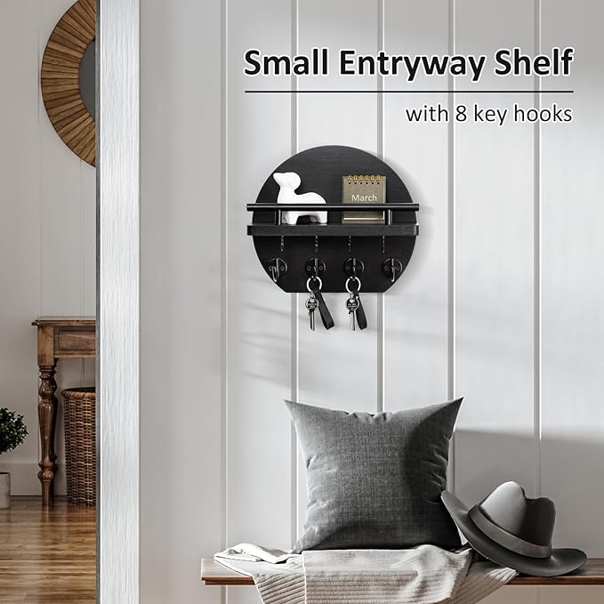 Nekon Key Holder for Wall - 9.8 Inch Apartment Wall Decor with Shelf and 8 Key Hooks, Circular Wood Key Hanger for Home Decor