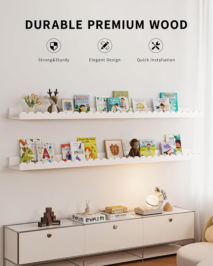 Shario Nursery Book Shelves, 4-Pack White Floating Shelves for Wall Kids, Scalloped Shelves, Wall Book Shelves for Bedroom Ki