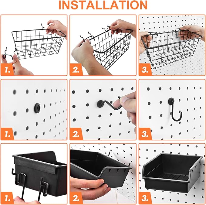 Pegboard Basket Organizers, Peg Board Large Baskets Hooks Bins Cups Tool Organizer 42 Pack Set, Wall Storage Display Hanging 
