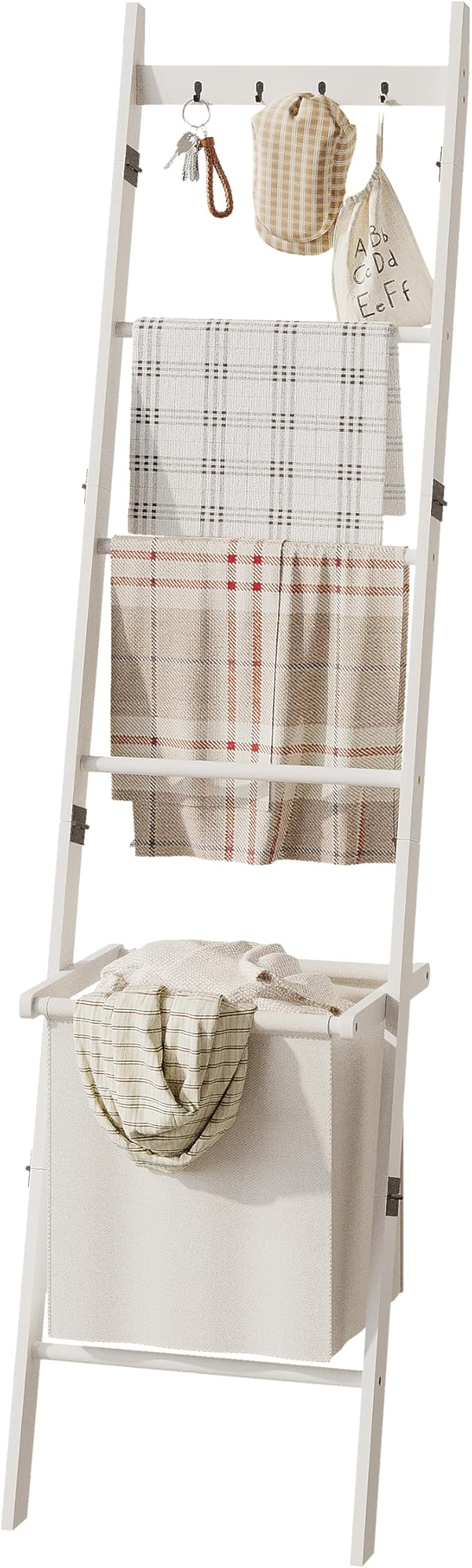 BAMBANG Bamboo Blanket Ladder with Basket, 5-Tier Quilt Rack Stand with 4 Hooks & Storage Hamper for Living Room Bathroom, Wa