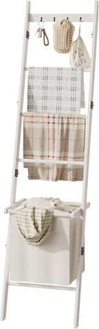 BAMBANG Bamboo Blanket Ladder with Basket, 5-Tier Quilt Rack Stand with 4 Hooks & Storage Hamper for Living Room Bathroom, Wa