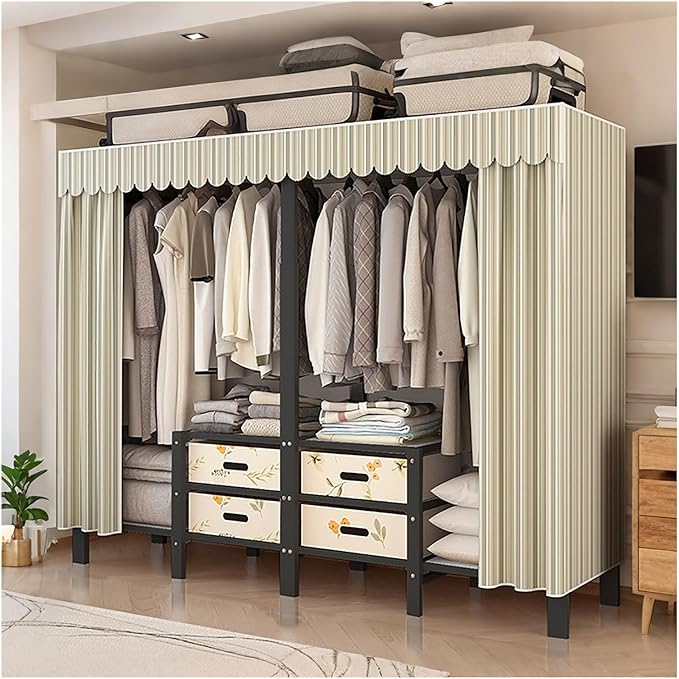 Foldable Portable Wardrobe Closet with Cover, Metal Garment Rack, Clothing Rack for Hanging Clothes, One-Piece Folding Base, 