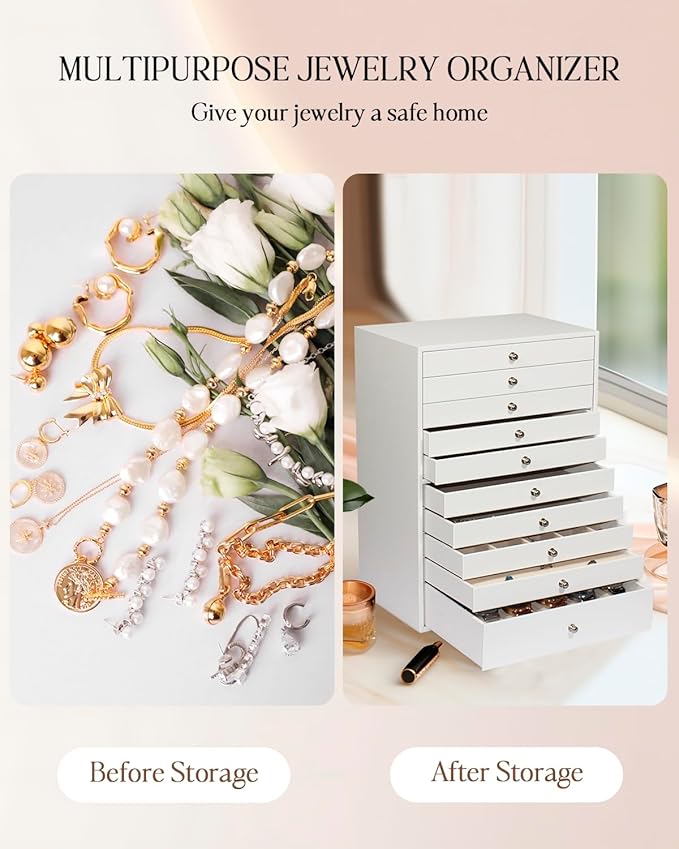 GUKA Large Jewelry Box, Jewelry Case with 10 Drawers for Big and Small Jewelry, Jewelry Storage Organizer for Watch Earrings 