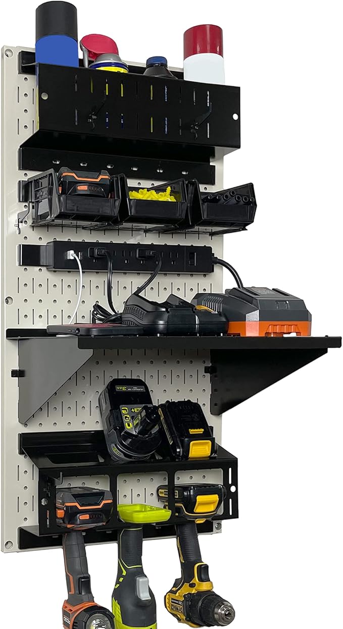 Wall Control Power Tool Storage Organizer Kit Cordless Drill Holder Charging Station Rack 16” x 32” Metal Pegboard Organizati